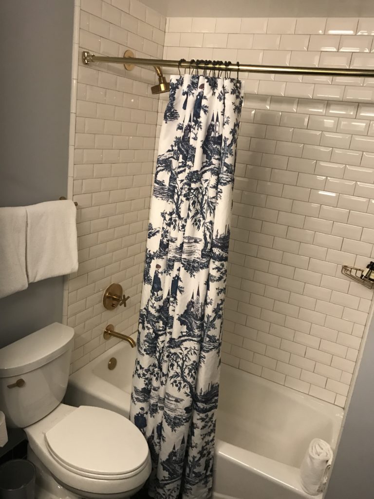 a shower curtain in a bathroom