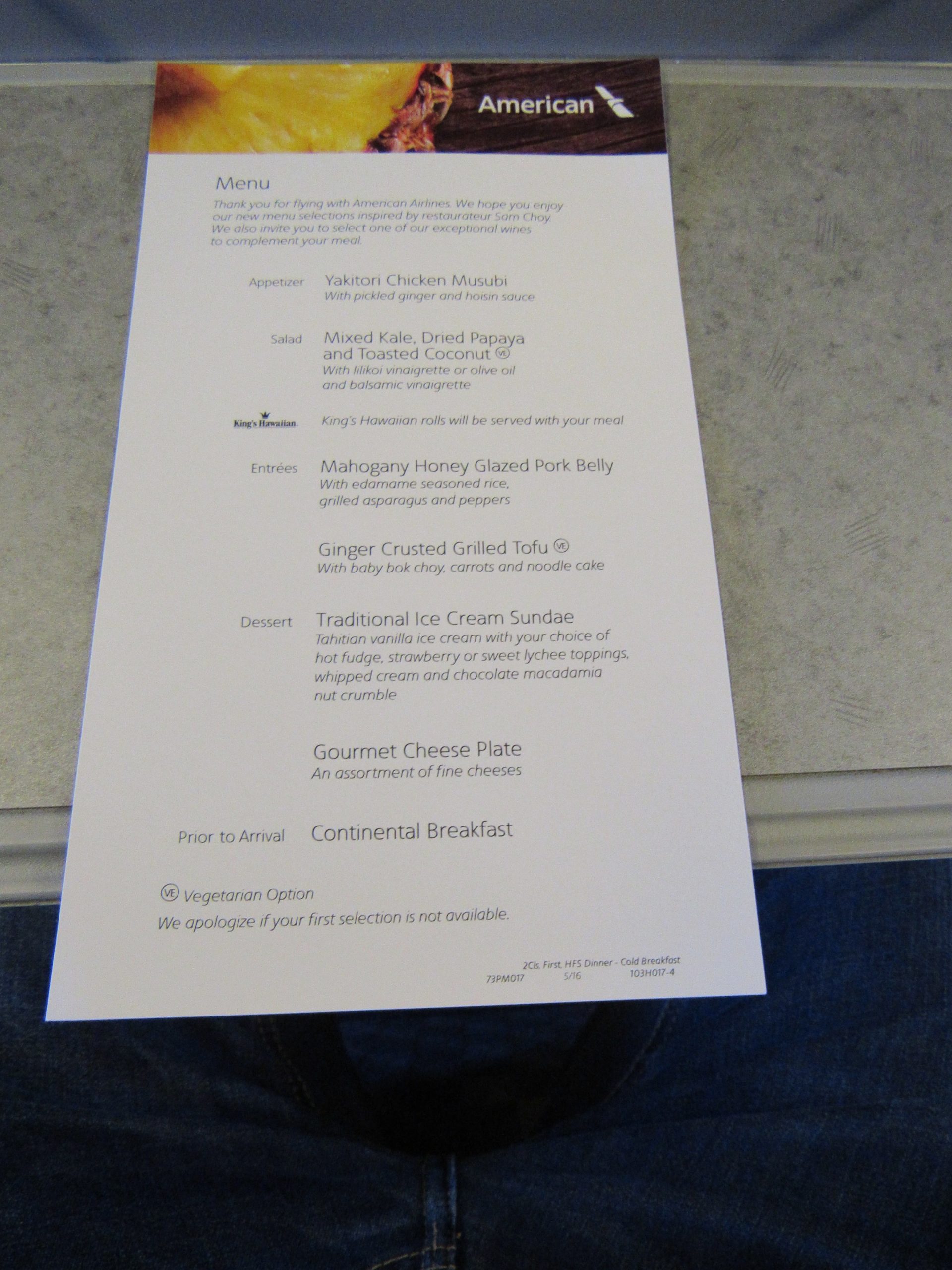 Menu American Business Class from Hawaii