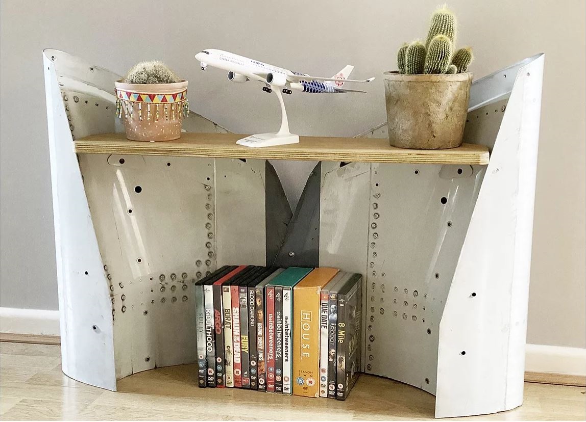 a shelf with a cactus and a model airplane on it