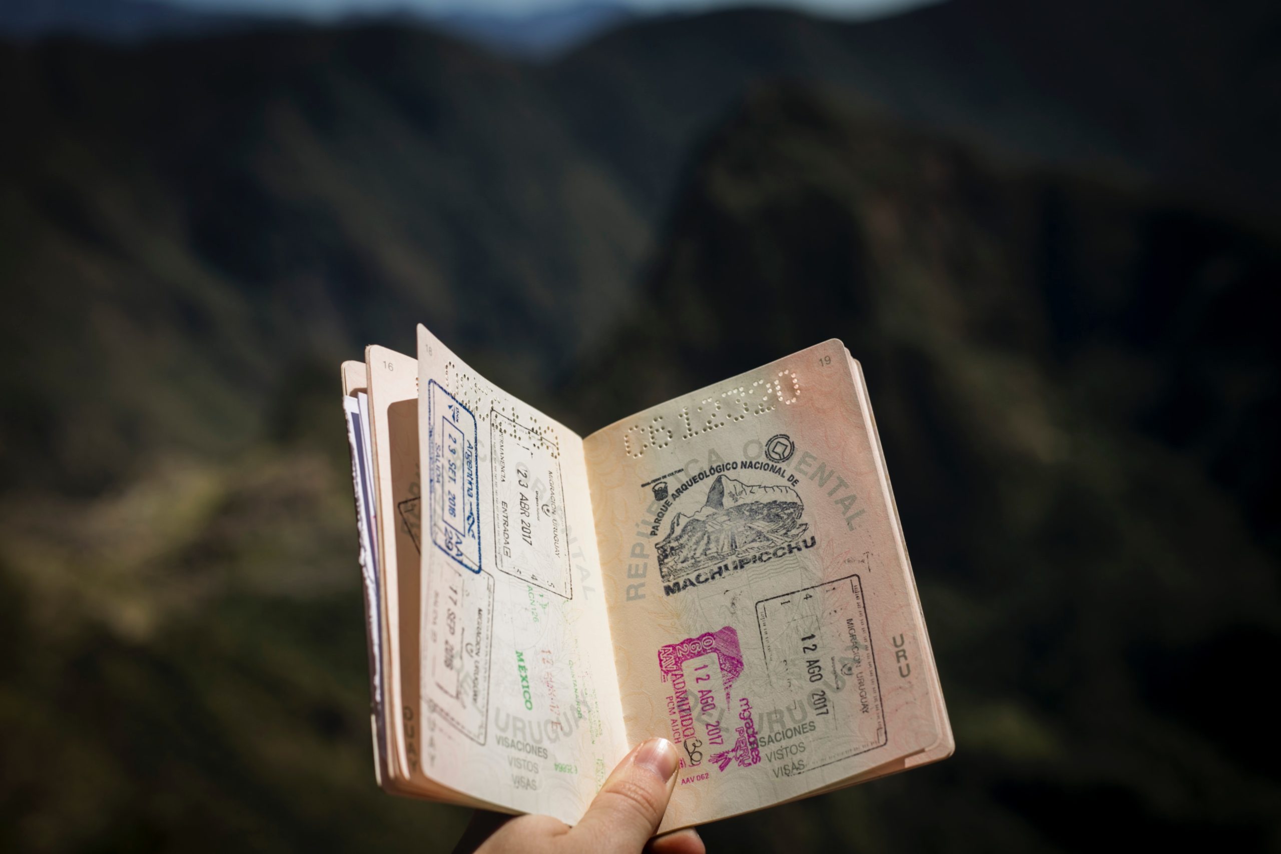 a hand holding a passport with mountains in the background