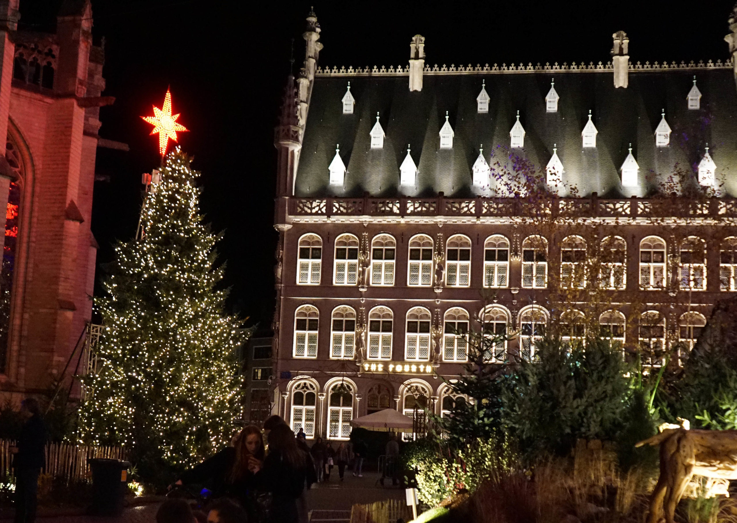 a building with a christmas tree and people in front of it