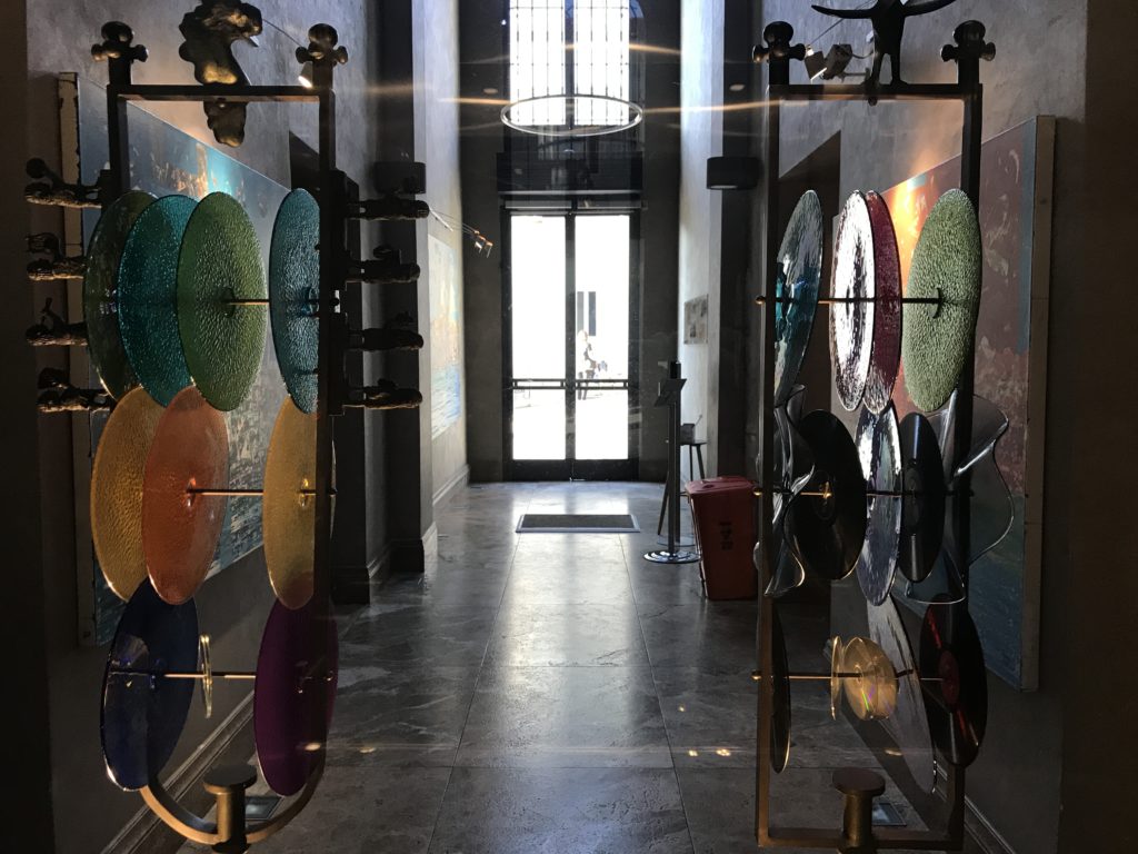 a glass display in a hallway