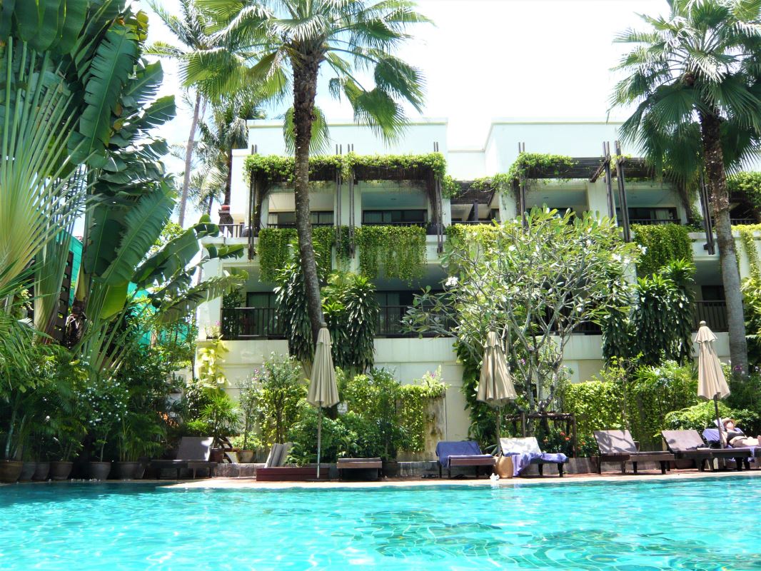 a swimming pool with trees around it