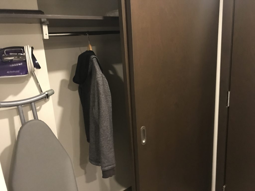 a closet with a shirt on a rail