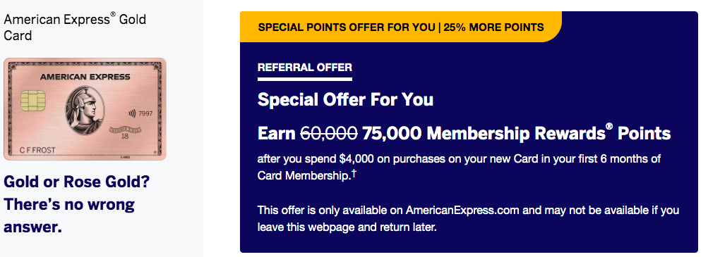 75,000 points welcome bonus on the Amex Gold Card!