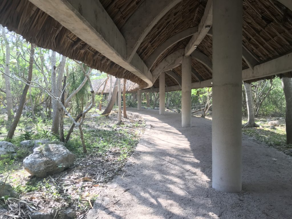 a walkway with a thatched roof