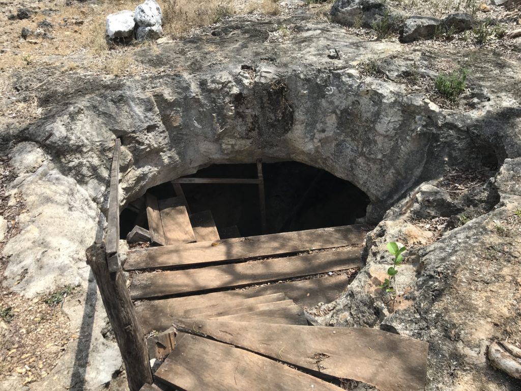 a wooden stairs leading to a cave