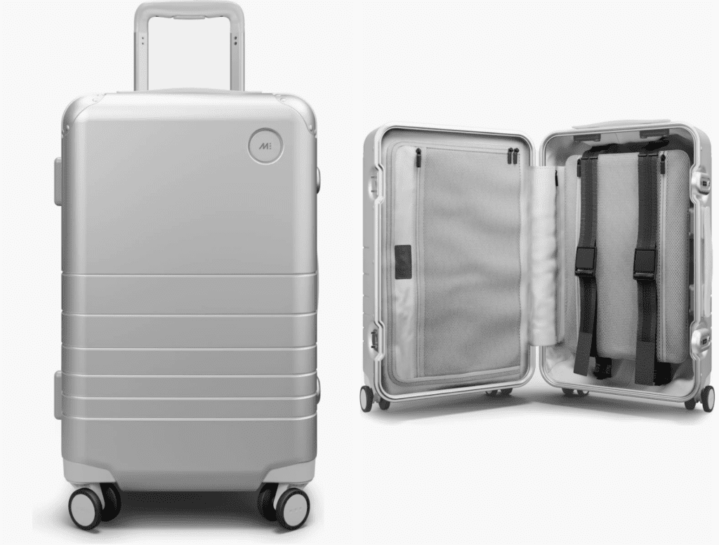 A Monos carry-on suitcase