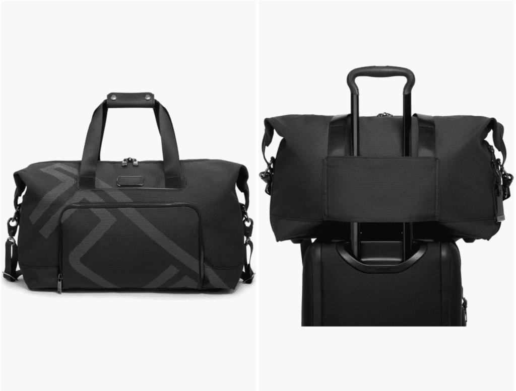 A black Tumi duffle bag