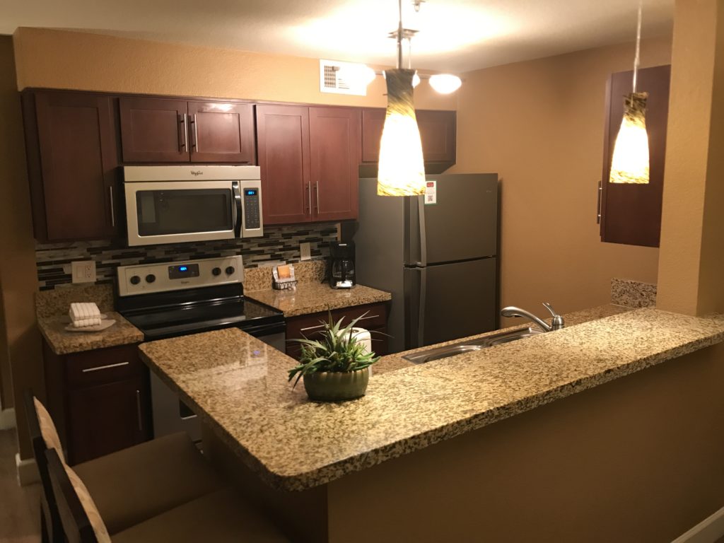 a kitchen with granite counter tops and a plant on top