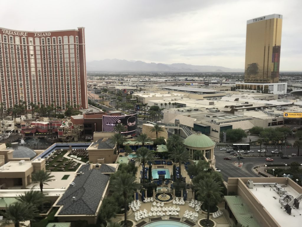 a city with buildings and a pool