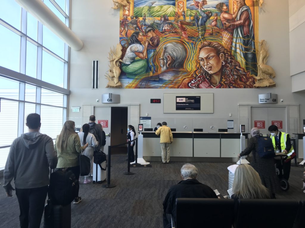 a group of people in a waiting area