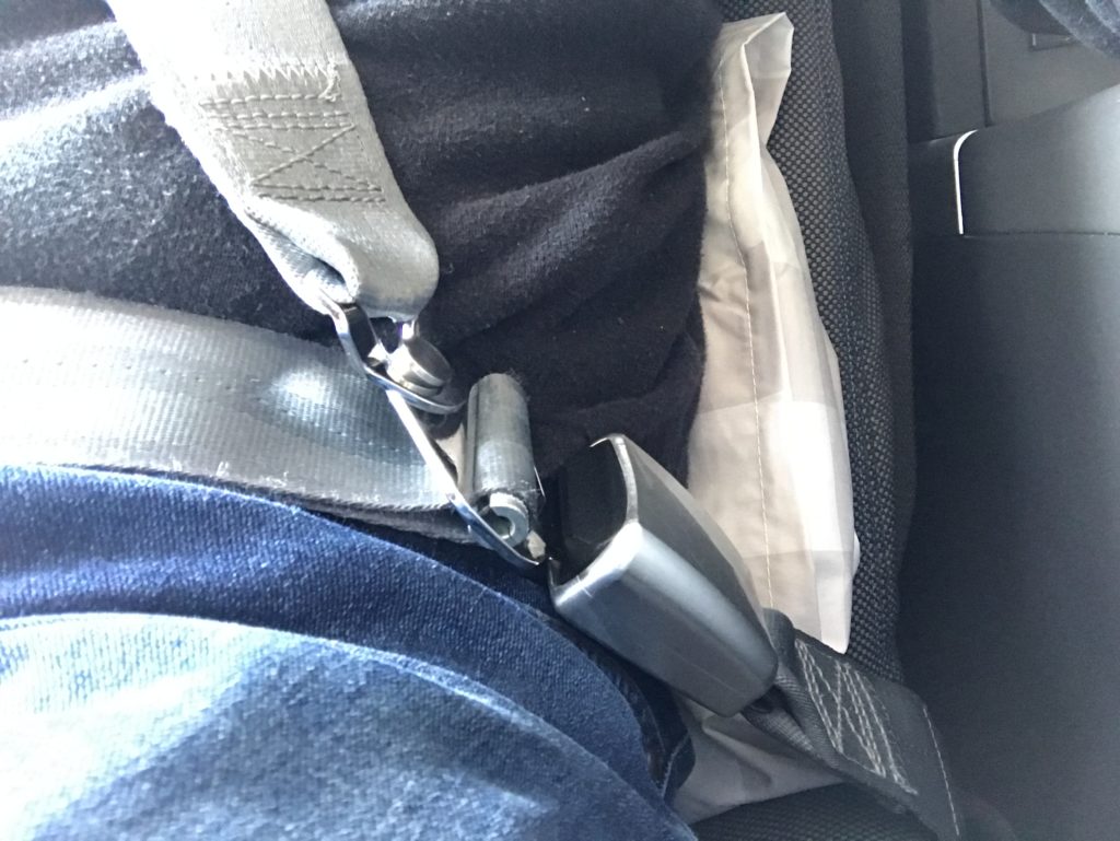 a seat belt on a person's lap