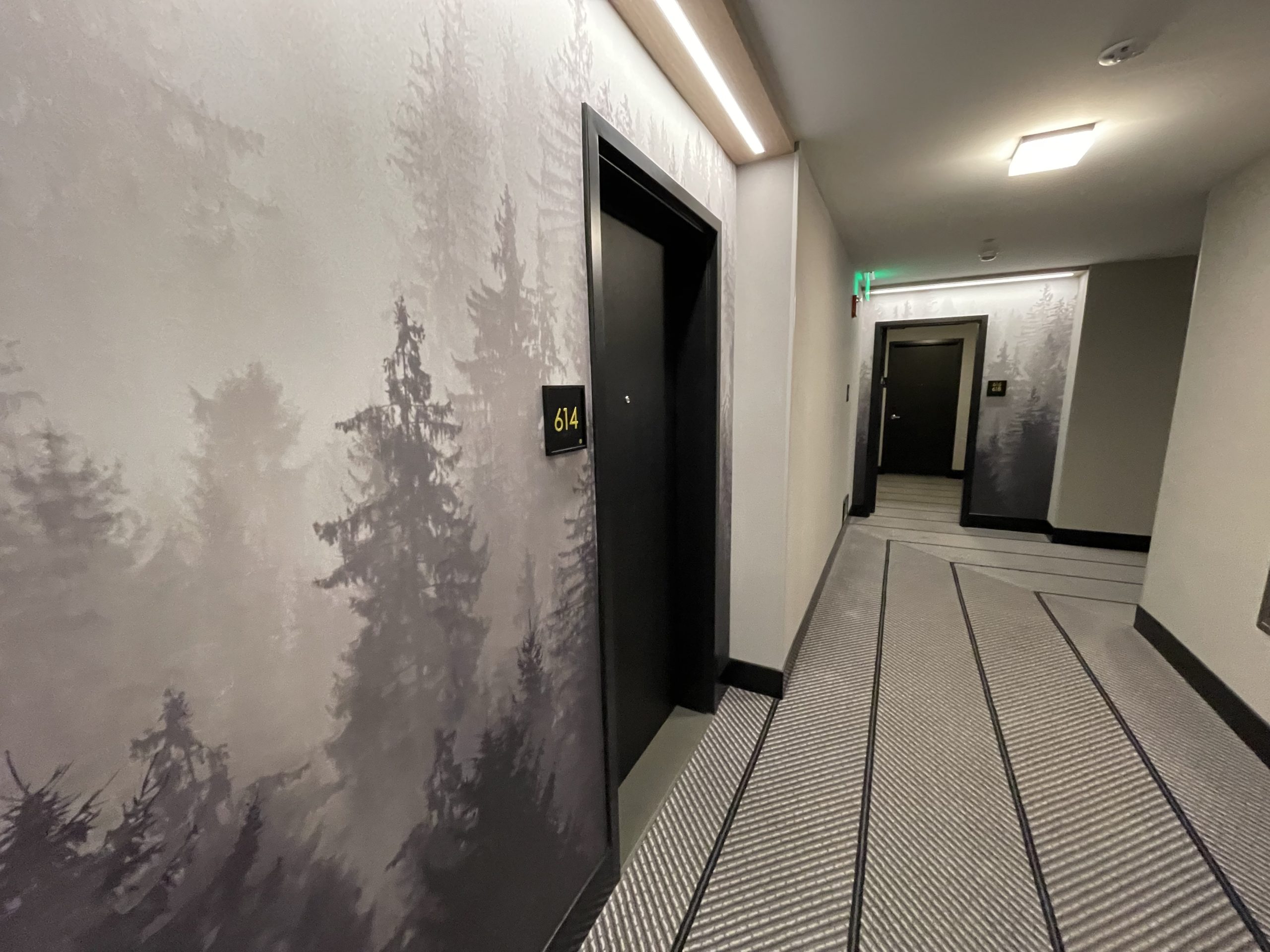 a hallway with a door and a wallpaper