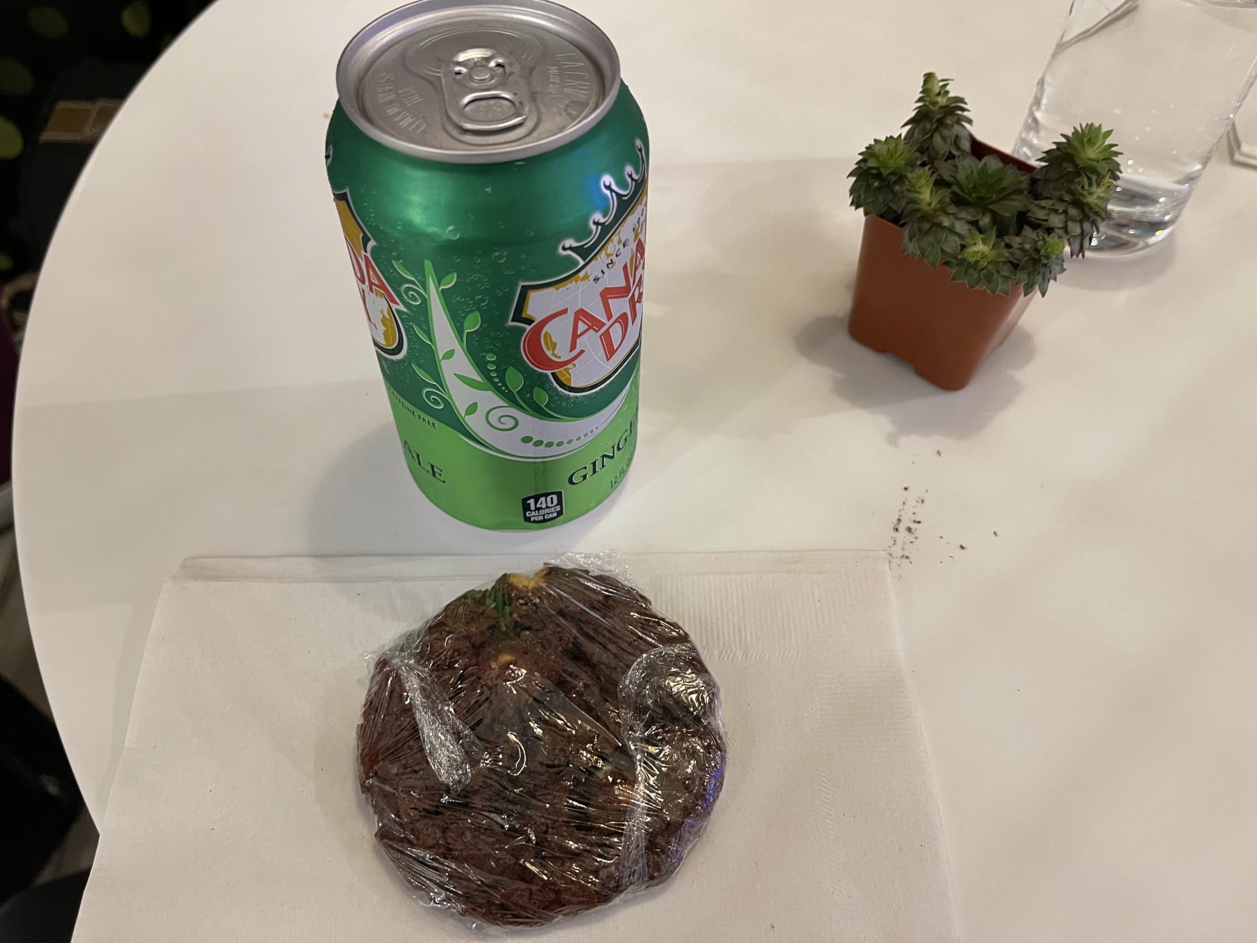 a can of soda next to a cookie
