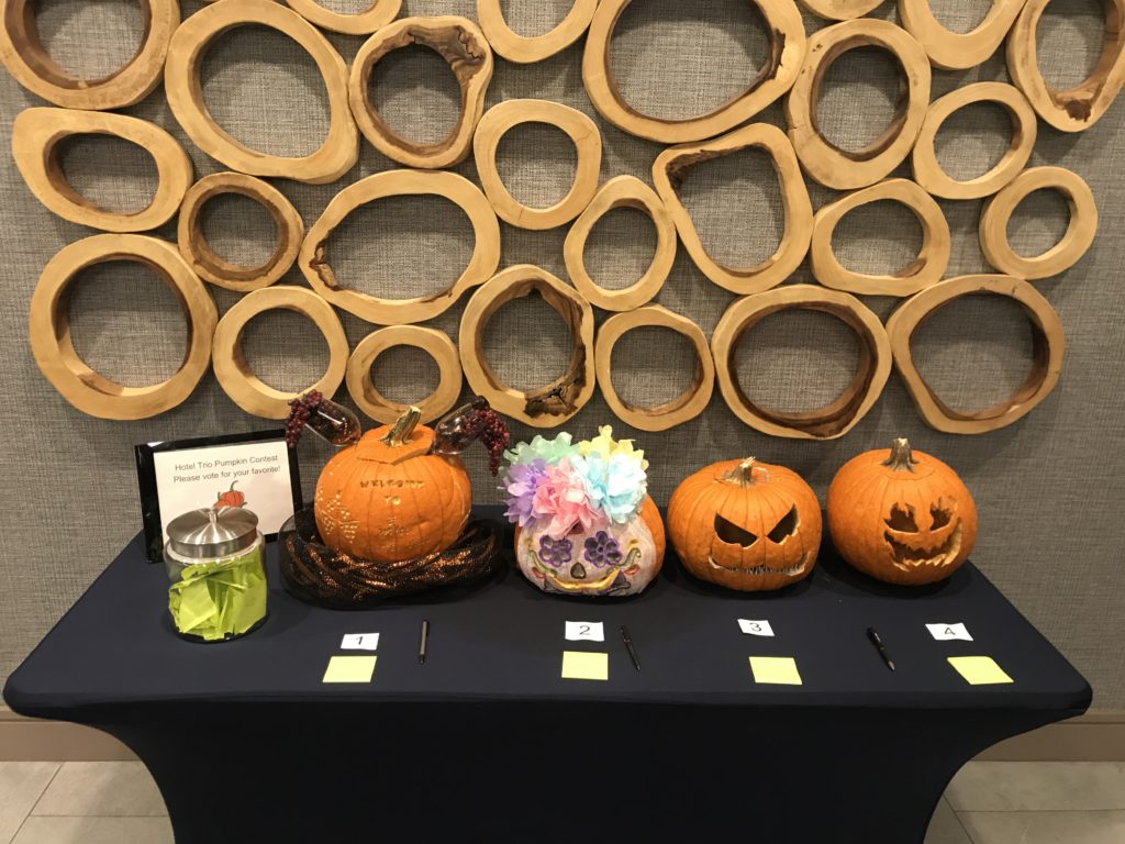 a table with pumpkins on it