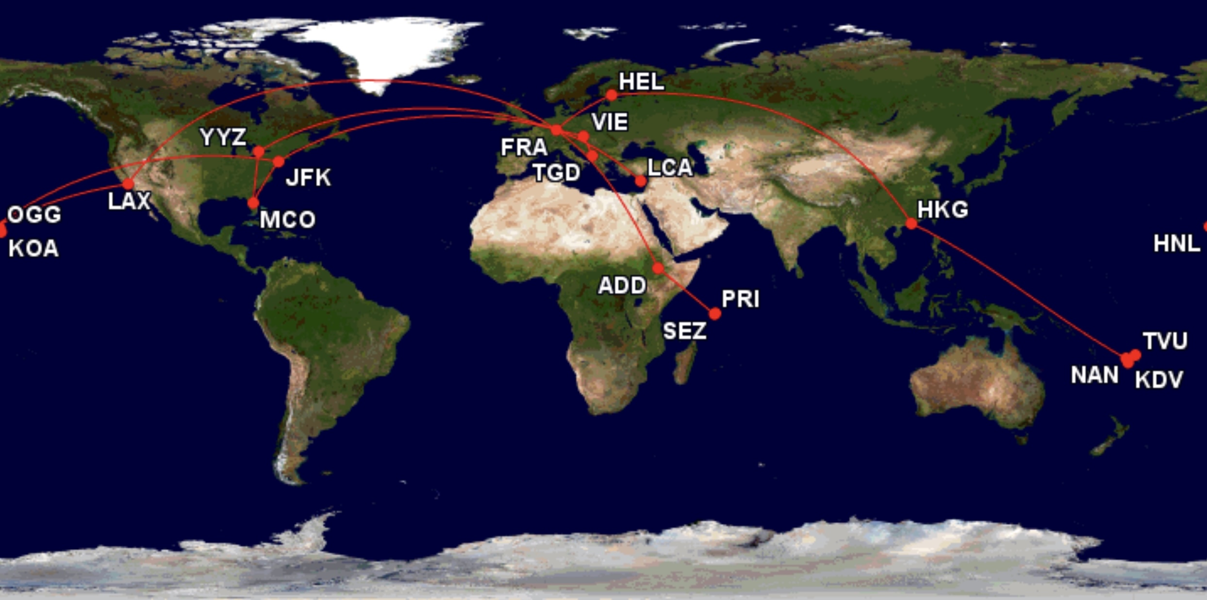 a map of the world with red lines