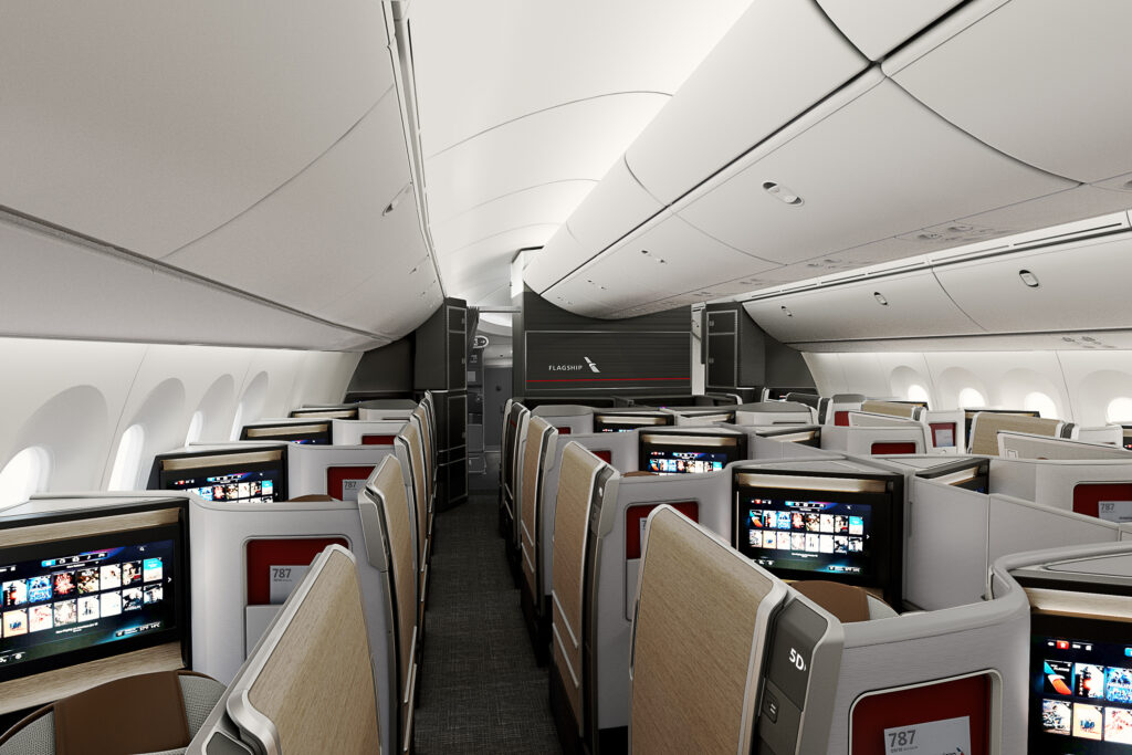 The interior of American Airlines future Flagship Business Class cabin aboard the Boeing 787-9