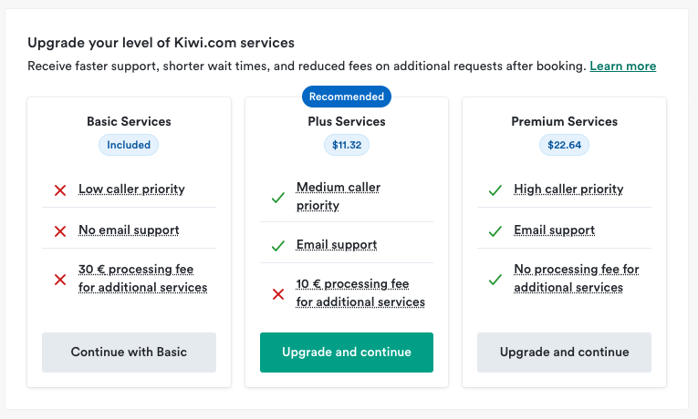 A screenshot from Kiwi.com's website showing options to upgrade customer service priority.