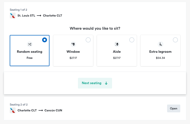 A screenshot from Kiwi.com's website showing the option to pay for an advance seat assignment.