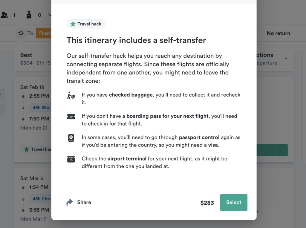 A screenshot from Kiwi.com's website with details on the company's "Travel Hack" fares.
