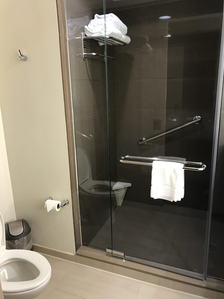 a glass shower door with a toilet and a toilet seat