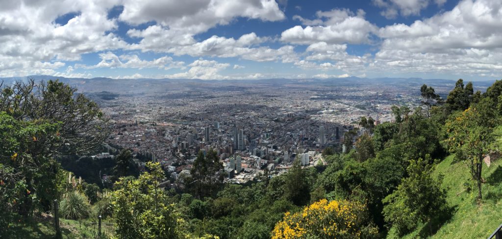 a city landscape with trees and blue sky