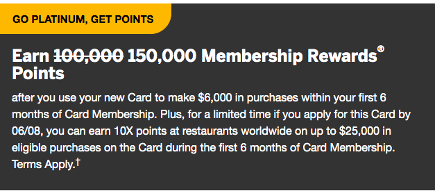 150,000 points bonus + 10x points at restaurants on the Amex Platinum card!