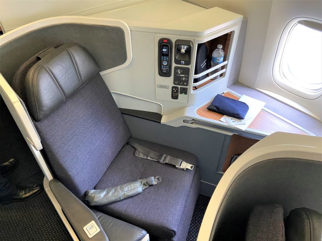 A business class seat aboard an American Airlines Boeing 777-300ER