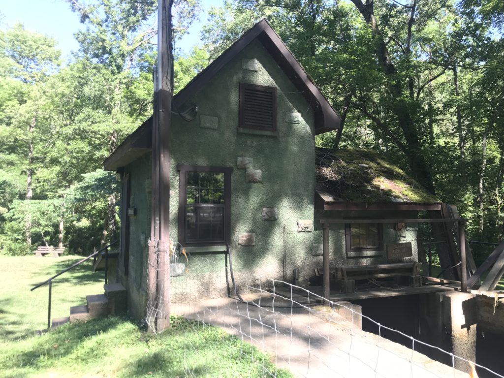 a small green house with a fence and trees in the background