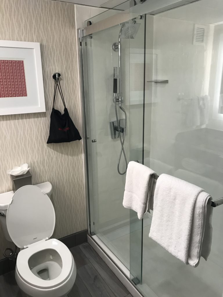 a bathroom with a glass shower and toilet