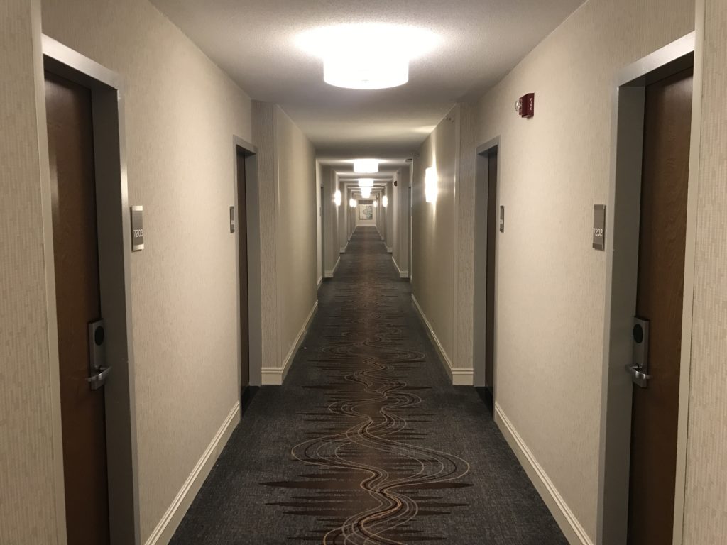 a long hallway with doors and a light on the ceiling