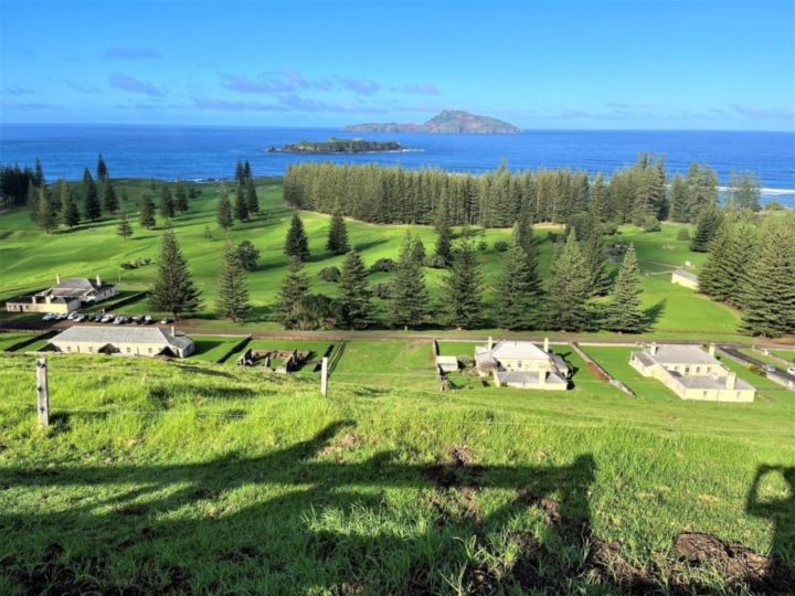 a green field with houses and trees and a body of water