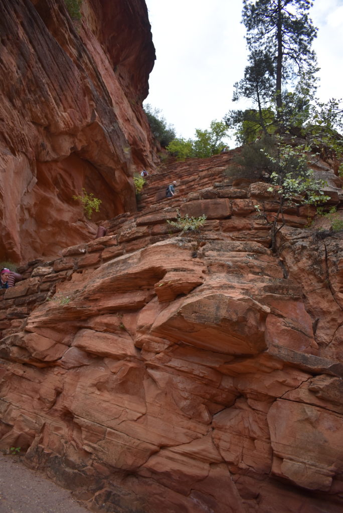 a group of people climbing up a rocky cliff