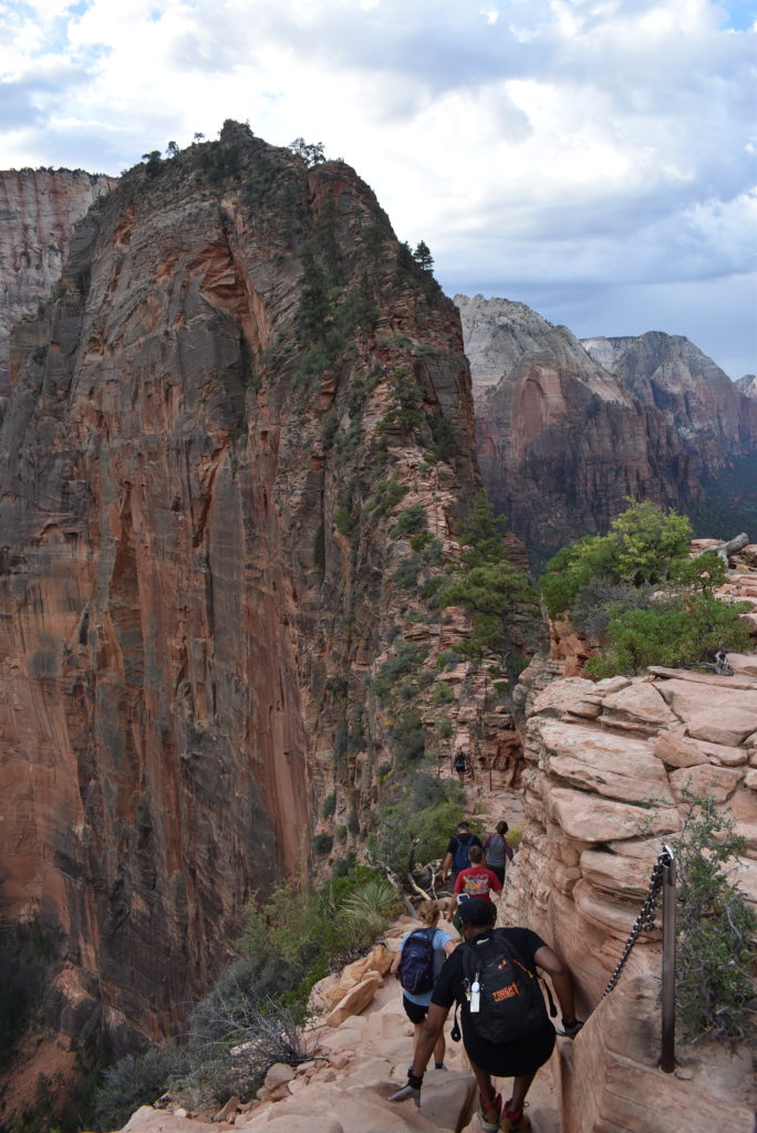 a group of people on a trail in a canyon