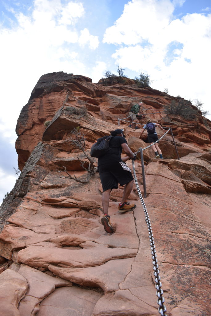 a group of people climbing a mountain