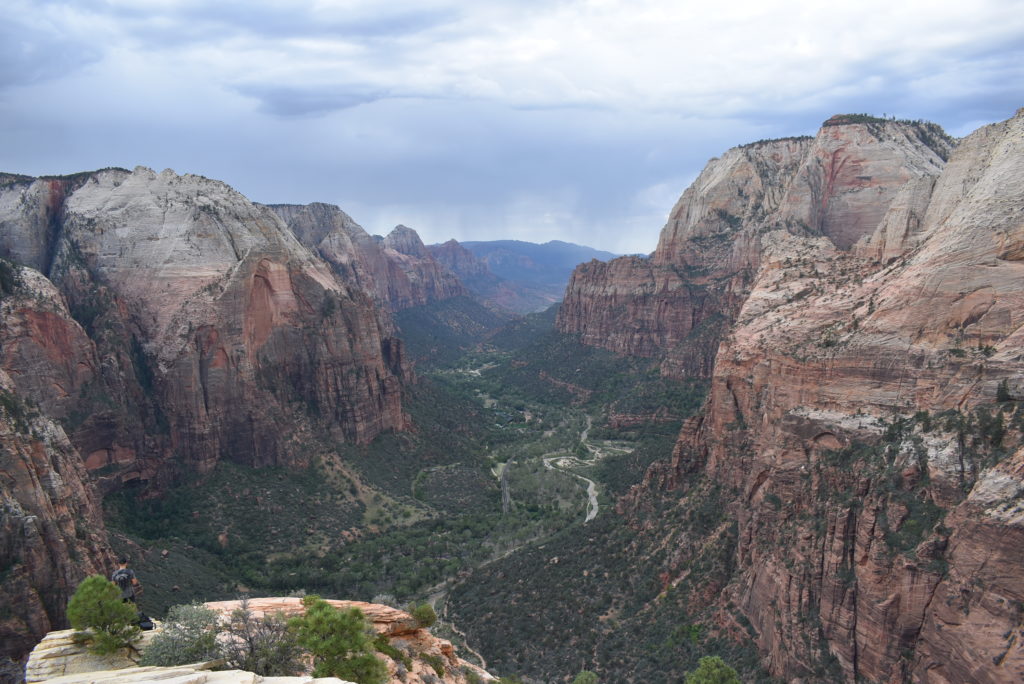 a valley with a river in the middle with Zion National Park in the background