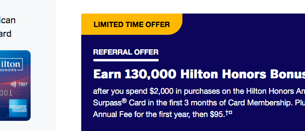 130,000 points + $0 annual fee offer on the Hilton Surpass Card