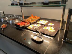 a buffet table with food on it