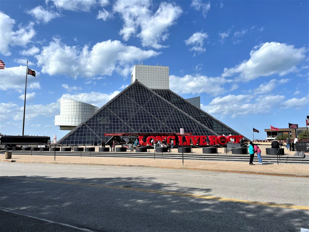 Rock and Roll Hall of Fame with a pyramid shaped roof