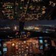 a cockpit of an airplane at night