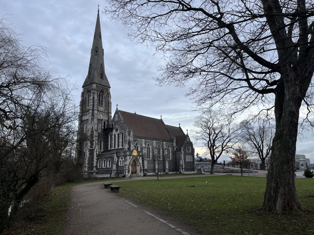 a church with a tall tower