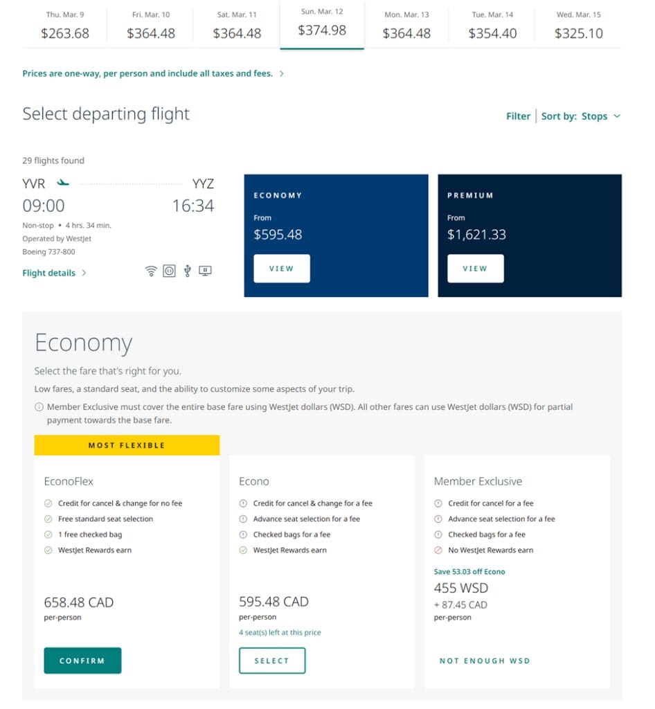 WestJet flight search from Vancouver to Toronto