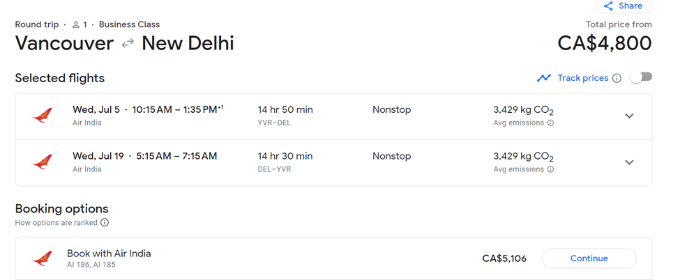 Air India Business Class fare from Vancouver to Delhi, Round Trip for C$4,800