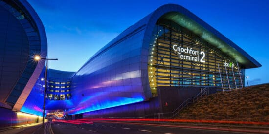 a building with a curved glass wall