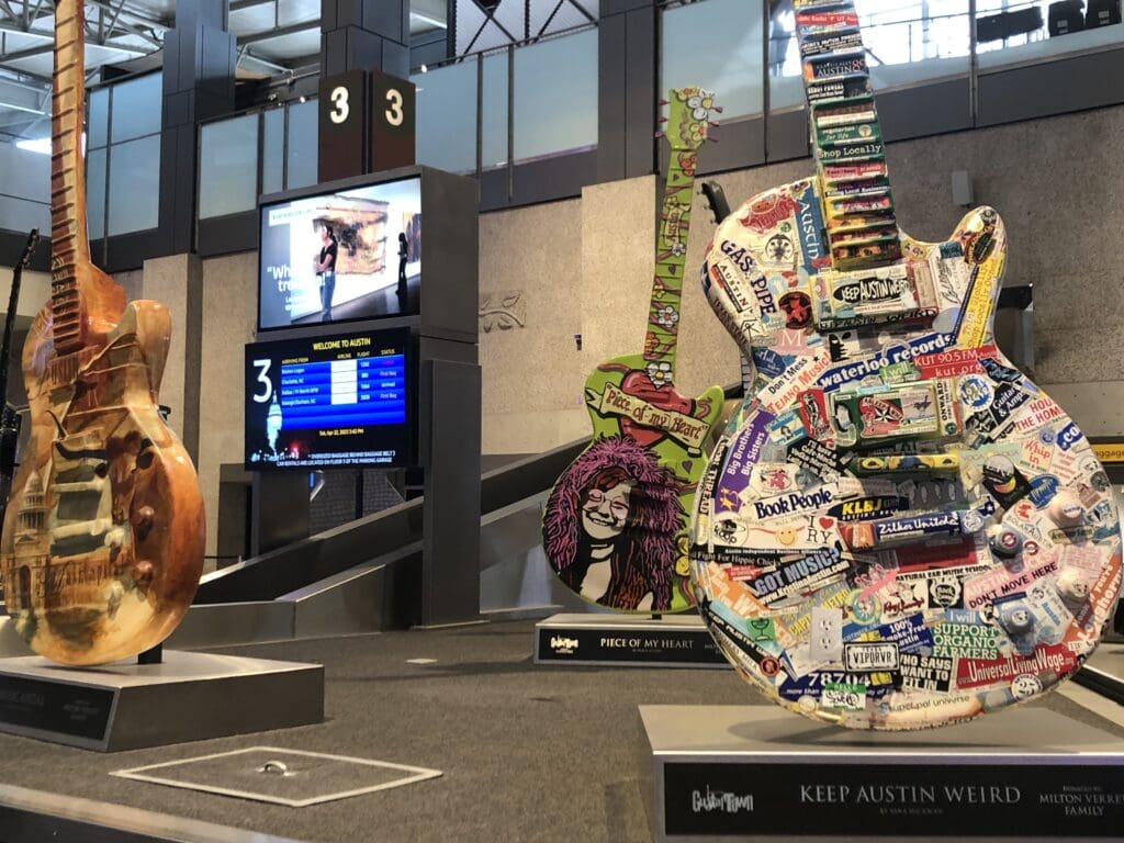 a group of guitars in a room