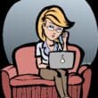 a cartoon of a woman sitting on a chair with a laptop