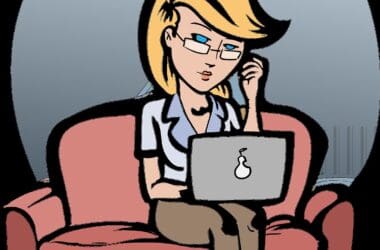 a cartoon of a woman sitting on a chair with a laptop