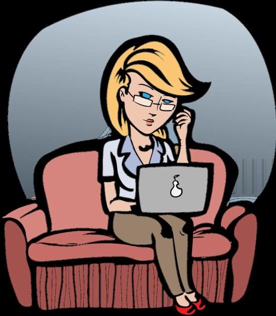 a cartoon of a woman sitting on a chair with a laptop