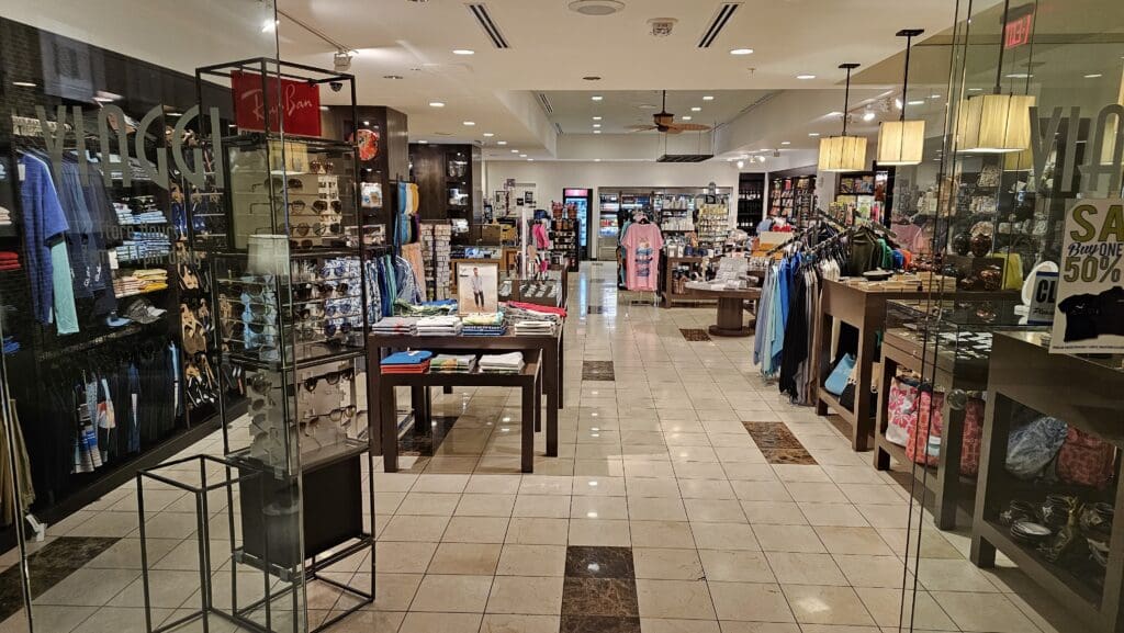 a store with shelves and shelves of clothing